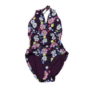ASHLEY COLE Purple Colorful Floral Print One Piece Bikini Swimsuit Size 12 NWT